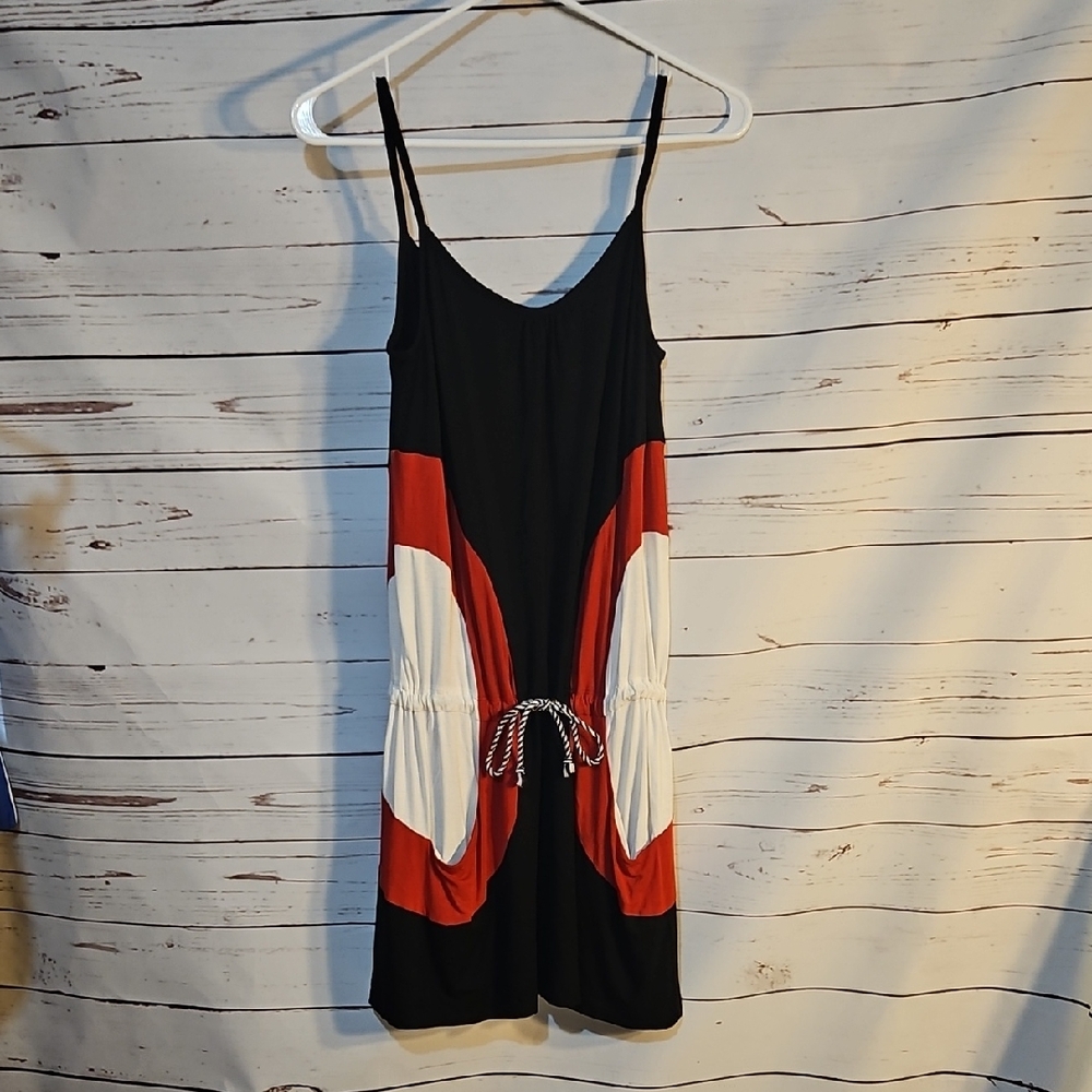 Sleeveless Dress Black Red Whiteโ Drawstring Waist Casual Stylish Size S